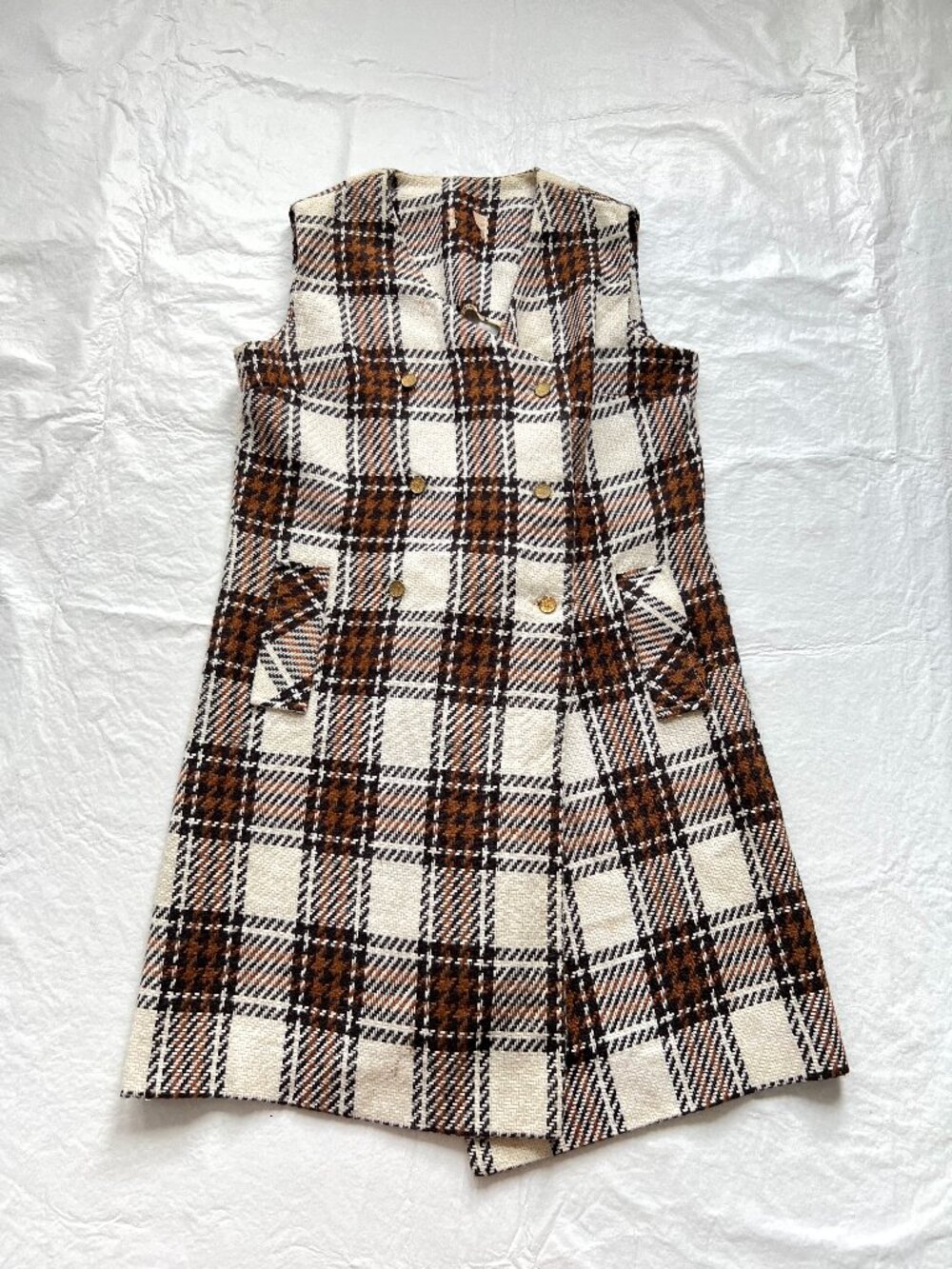 Vintage jumper dress vest jacket coat womens medium brown cream plaid buttons